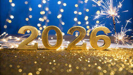 Golden 2026 new year celebration with sparklers and glitter
