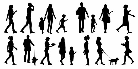 Fototapeta premium Silhouettes of people walking in various poses a diverse collection