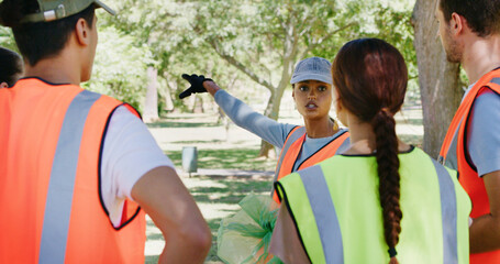 Woman, people and volunteer in meeting, park or planning with talk, speech and accountability with...