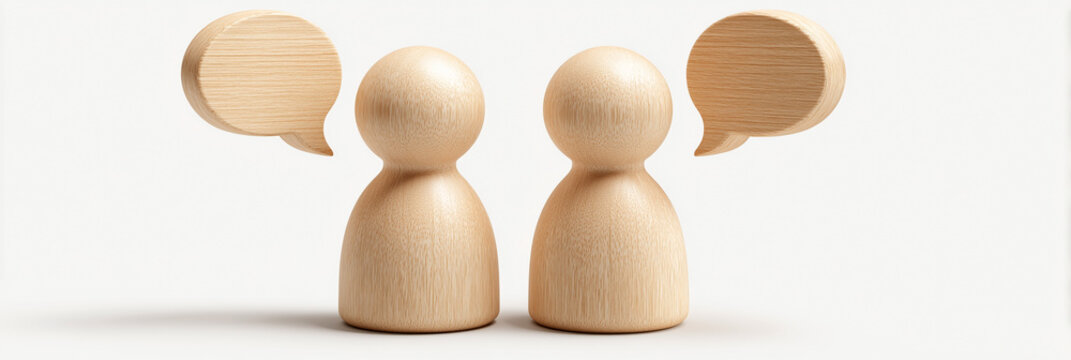 Minimalist hyper-realistic image of two wooden pawns with speech bubbles symbolizing communication, dialogue, and human interaction, isolated on white background with copy space. Generative Ai.