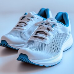White/blue athletic shoes on a light surface, low angle