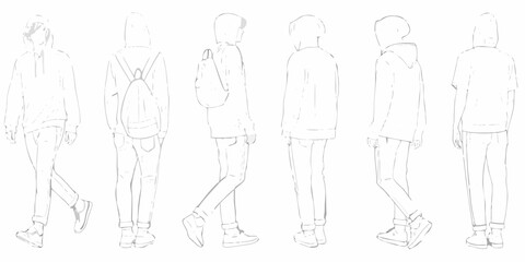 Line art illustration of a person in various poses with a backpack