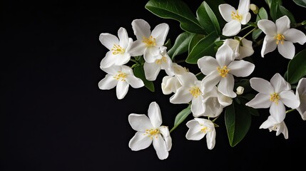 White blossoms cluster with green leaves on deep black backdrop