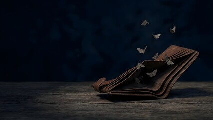 Empty Brown Leather Wallet on Wooden Table.
