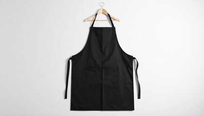 A black apron with a large front pocket hanging on a wooden hanger against a plain white wall.