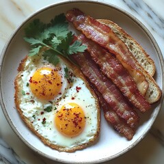 Eggs, bacon, toast, and herbs on plate, overhead view