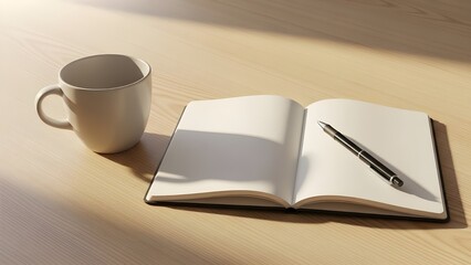 A serene morning scene with a blank notebook, pen, and a warm mug, inviting contemplation and the start of a new creative writing session or daily planning