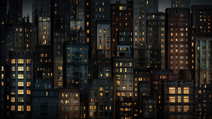 Obraz premium Tall buildings illuminated at night with glowing windows