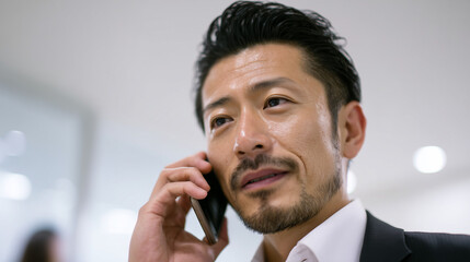 男性のサラリーマンが会社で電話をしている写真