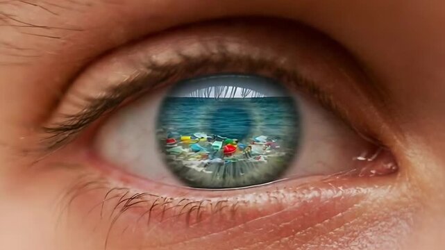 Close-up of an eye reflecting ocean pollution with colorful plastic garbage in the iris