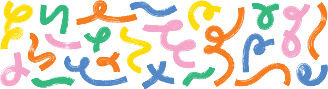 Collection colorful bold curved lines with loops isolated on white. Hand drawn bold grunge wavy and swirled brush strokes. Simple childish vector scribbles and squiggles. Creative trendy style design.