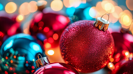 Closeup of sparkling red and blue christmas ornaments with festive bokeh lights in the background, perfect for holiday season celebrations