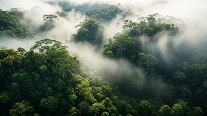 Aerial view of a lush green rainforest with mist and fog covering the canopy, showcasing a vibrant and thriving natural ecosystem