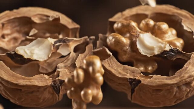 Close-up Macro of a Walnut Cracking Open Revealing Nutritious Kernels Against a Softly Blurred Wooden Background