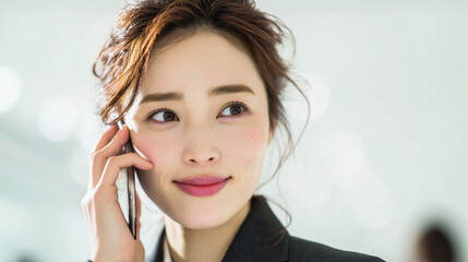 女性の美しいサラリーマンが会社で電話をしている写真