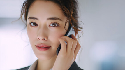 女性の美しいサラリーマンが会社で電話をしている写真