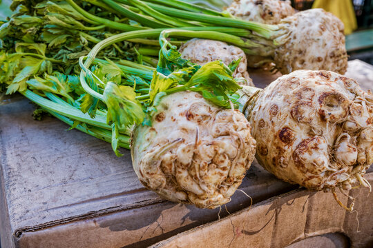 Fresh celery root with green leaves on a wooden surface. The roots are round and knobby, showcasing their earthy texture and natural color.