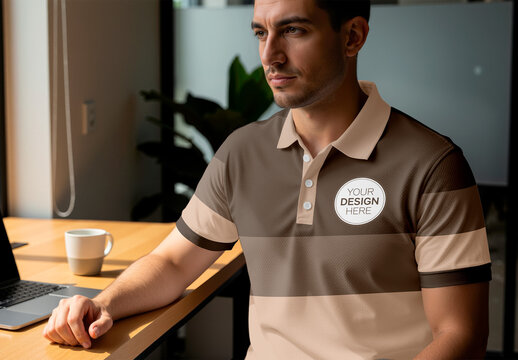 Polo Shirt Mockup On Man At Desk Natural