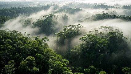Aerial view of misty rainforest canopy with sunbeams breaking through trees, lush green jungle landscape