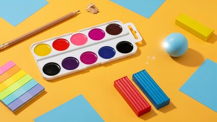 Flat lay of school and office supplies including watercolor paints, pencil, sticky notes, and plasticine on yellow background
