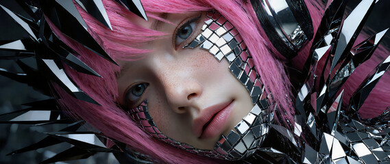 Pink Haired Cyborg Girl Portrait.