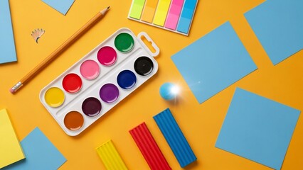Flat lay of school and office supplies including watercolor paints, pencil, sticky notes, and plasticine on yellow background