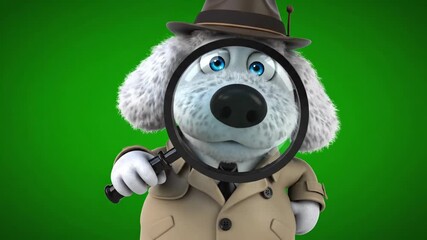 This serious 3d rendered cartoon dog detective is investigating with a magnifying glass against a vivid green screen backdrop.