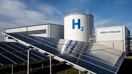 solar panels and large tank with h2 symbol and green hydrogen text at industrial facility under blue sky