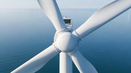Offshore wind turbine generating clean energy from wind power at sea during a clear day with other turbines in background