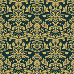 Vintage damask seamless floral pattern featuring retro flower illustrations and decorative leaf elements