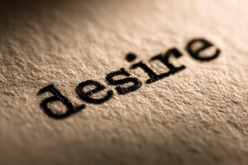 Extreme macro photograph of the word "desire" typed on aged white paper, heavy typewriter pressure, embossed letters pressing into paper grain, visible ink bleed
