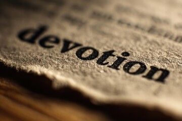 Extreme macro photograph of the word "devotion" typed on thick vintage paper, pressed ink and paper grain in sharp focus, shallow depth of field, soft side lighting, intimate fine art realism