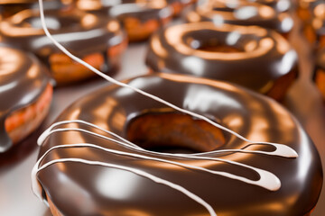 トレイに並んだドーナツに白い液体クリームを垂らす
