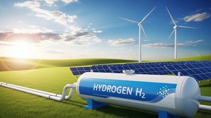 green landscape with solar panels wind turbines and hydrogen storage tank in bright sunlight