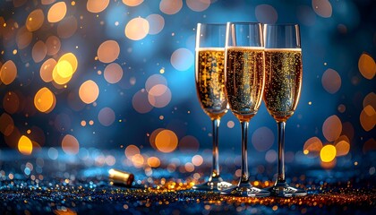 three glasses of champagne. Happy New Year. Toast With Flutes Celebration
