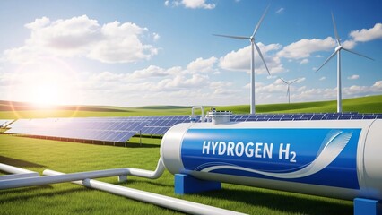 green landscape with solar panels wind turbines and hydrogen storage tank in bright sunlight