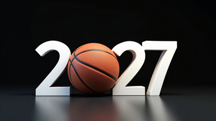 White "2027" digits stand tall in darkness, with a basketball as the zero—evoking energy, ambition, and a bold celebration of the sport’s future.
