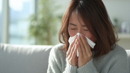 家で女性がくしゃみをして鼻をかんでいる写真