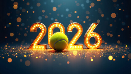 The year 2026 glows in marquee gold&mdash;a tennis ball punctuates the zero, sparkles drift, celebration surges in dark.
