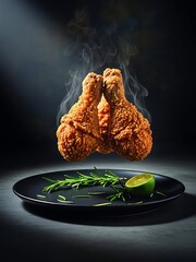 Juicy fried chicken pieces levitating above a black plate with lime and herbs on a dark background