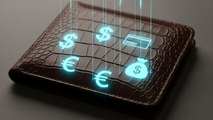 Brown leather wallet with glowing currency symbols and credit card, representing financial concepts