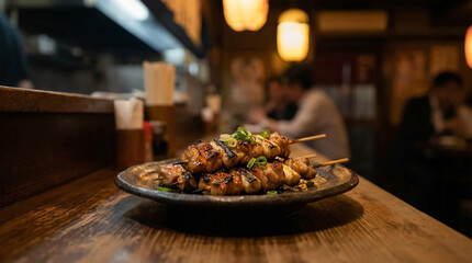Yakitori Chicken Skewers Served At Japanese Izakaya Counter