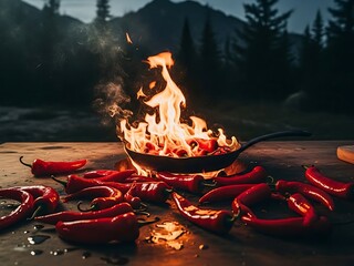 Red Peppers Roasting on an Open Flame in the Wilderness