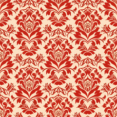 A seamless vintage floral damask pattern with red flowers and ornate decorative leaves for elegant wallpaper or textile design