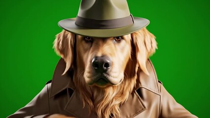 A dramatic close-up portrait of a golden retriever detective dog wearing a trench coat and fedora, isolated on a vibrant green screen.