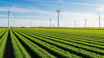 Wind turbines in lush green field of growing crops under clear blue sky with white clouds on sunny day
