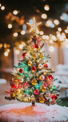 Beautifully decorated christmas tree with a shining star and festive lights, creating a warm holiday mood