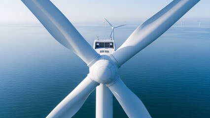 Offshore wind turbine generating clean energy from wind power at sea during a clear day with other turbines in background