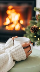 Woman hands in warm sweater holding white cup of hot tea or coffee near christmas tree and fireplace in cozy living room