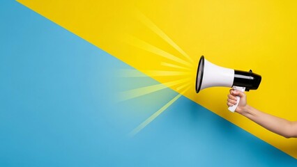 Hand holding megaphone over bright yellow and blue background with copy space creating dynamic diagonal composition